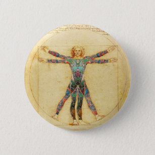 Da Vinci's Vitruvian man with tattoos Button