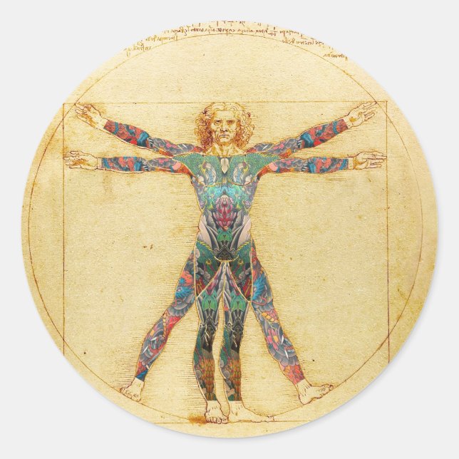 Da Vinci's Vitruvian man with tattoos Classic Round Sticker (Front)