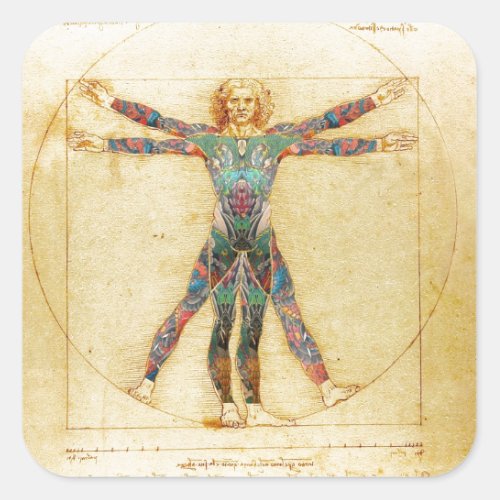 Da Vincis Vitruvian man with tattoos Square Sticker