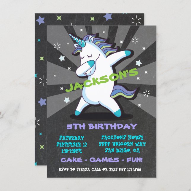 Dabbing Boy Unicorn Birthday Party Invitation (Front/Back)