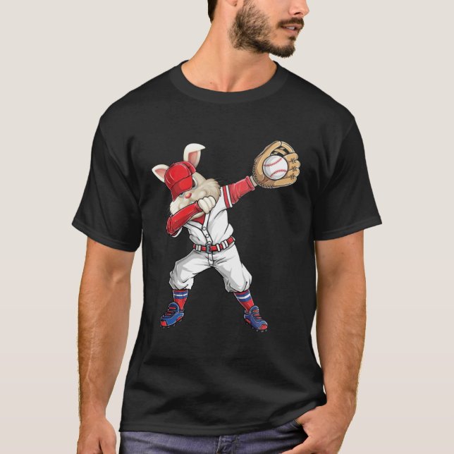 Dabbing Bunny Holding Baseball Ball Catcher Easter T-Shirt (Front)