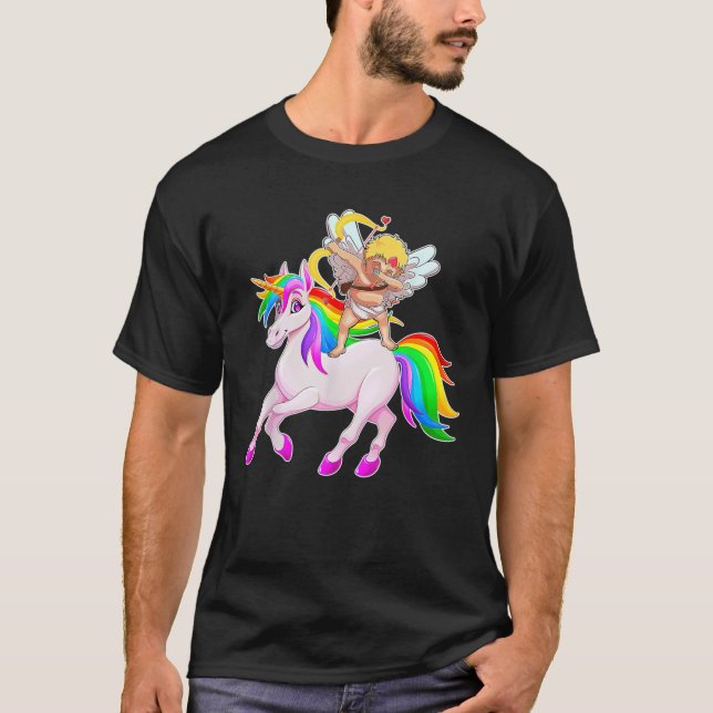 Dabbing Cupid Riding Unicorn Valentines Day Unicor T-Shirt (Front)