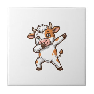 Dabbing Cute Cow Vintage Engraving T-Shirt Design_ Ceramic Tile