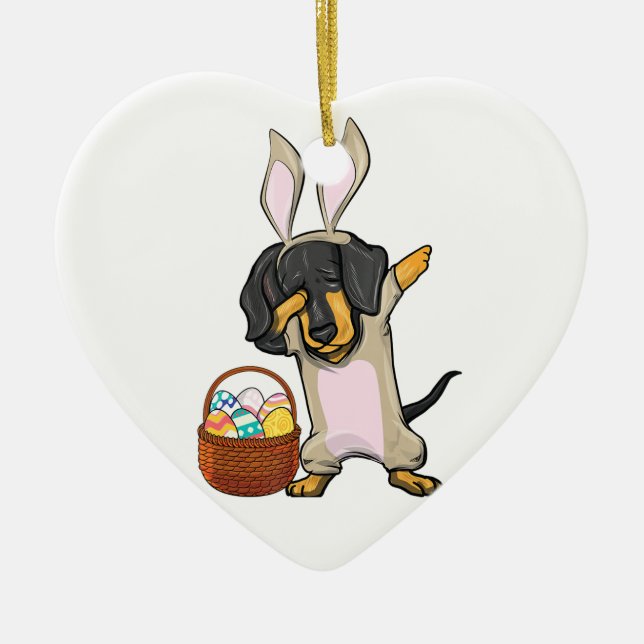 Dabbing Easter Bunny Dachshund Doxie Girls  Design Ceramic Ornament (Front)