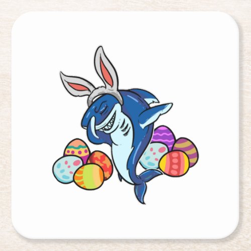 Dabbing Easter Shark With Bunny Ears Square Paper Coaster