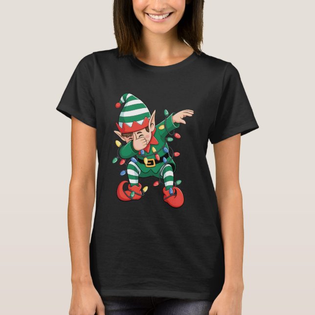 Dabbing Elf Christmas Tree Lights Matching Group X T-Shirt (Front)