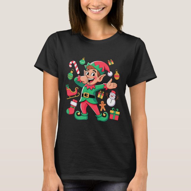 Dabbing Elf Santa Sleigh Snowman Funny Dabbing Chr T-Shirt (Front)