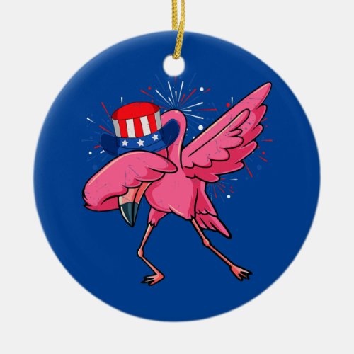Dabbing Flamingo Uncle Sam Hat American Flag 4th Ceramic Ornament