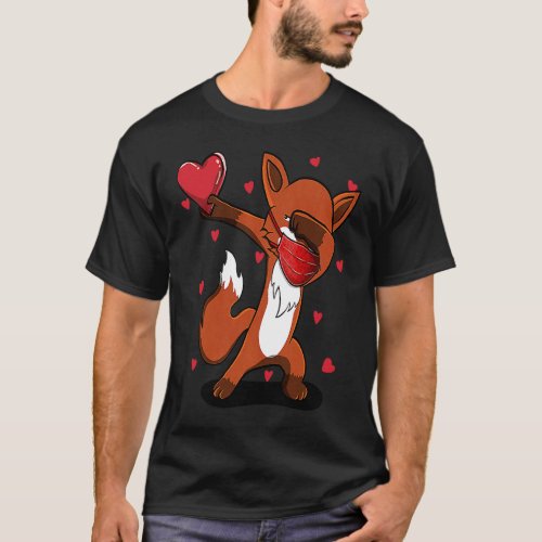 Dabbing Fox With Face Mask Heart Valentines Costu T_Shirt