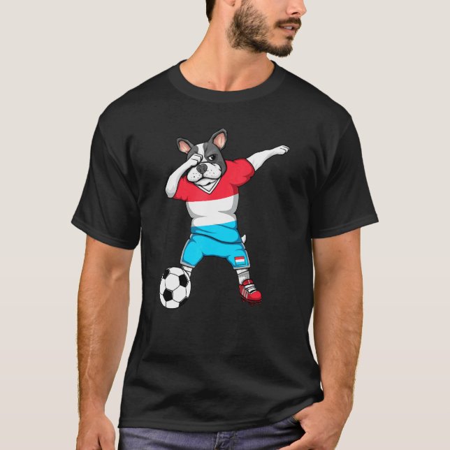 Dabbing French Bulldog Luxembourg Soccer Fan Jerse T-Shirt (Front)