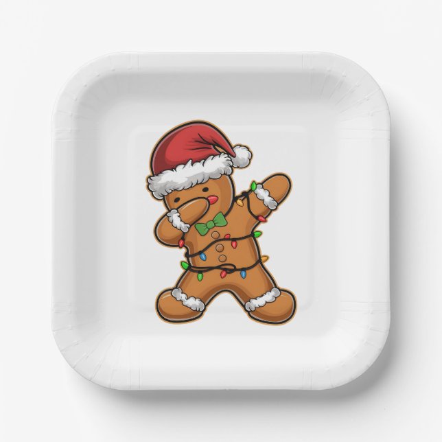 Dabbing Gingerbread Tree Light Christmas Paper Plates (Front)