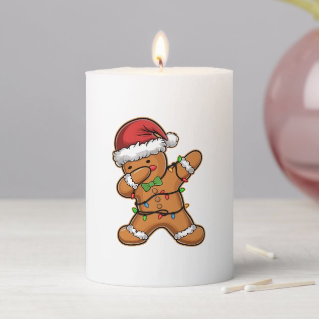 Dabbing Gingerbread Tree Light Christmas Pillar Candle (In Situ)