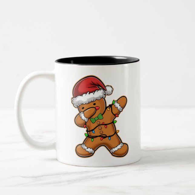 Dabbing Gingerbread Tree Light Christmas Two-Tone Coffee Mug (Left)
