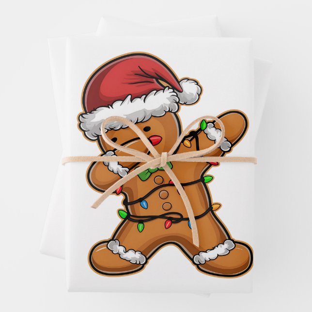 Dabbing Gingerbread Tree Light Christmas Wrapping Paper Sheets (In situ)