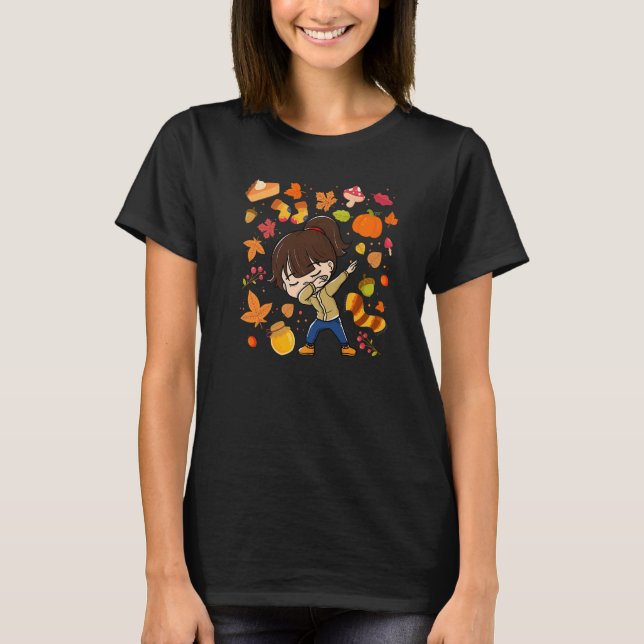 Dabbing Girl Autumn Maple Pumpkin Fall Season Leav T-Shirt (Front)
