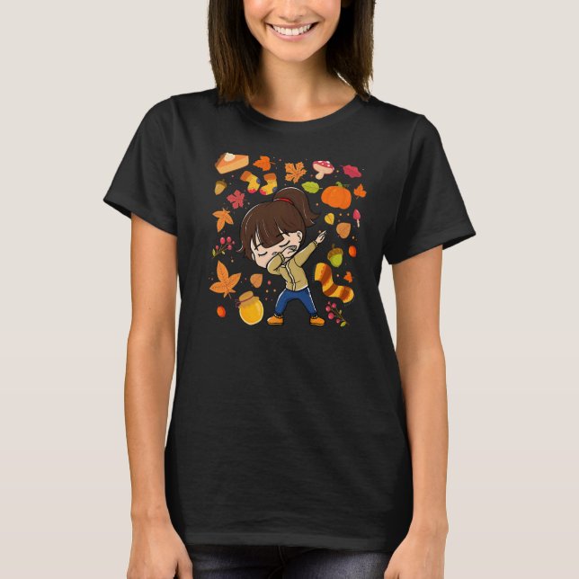 Dabbing Girl Autumn Maple Pumpkin Fall Season Leav T-Shirt (Front)