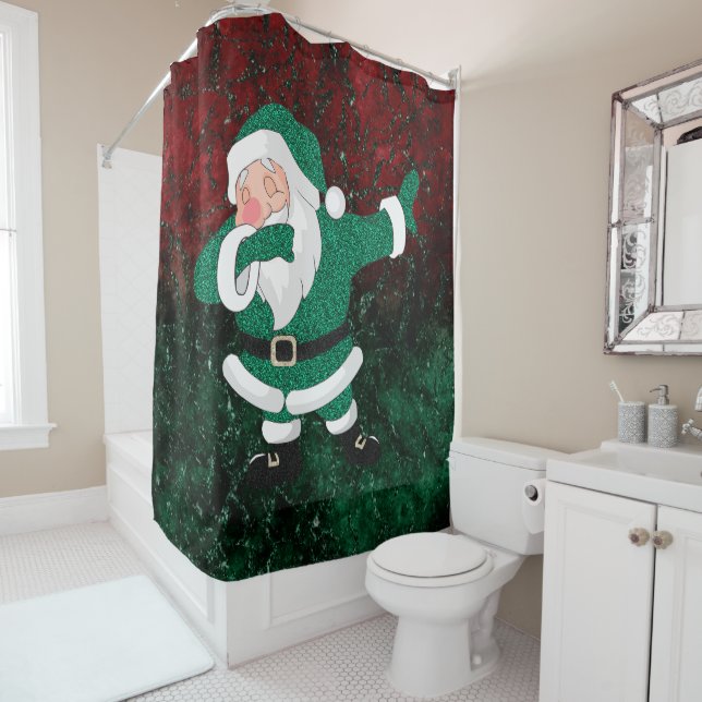 Dabbing Green Santa Claus | Fun Holiday XMAS Humor Shower Curtain (In Situ)