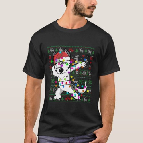 Dabbing Husky Fairy Lights Ugly T_Shirt