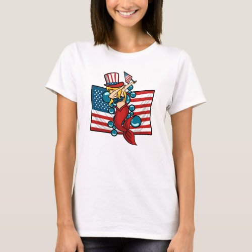 Dabbing Mermaid American Flag Patriotic T_Shirt