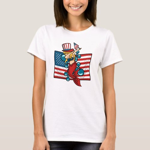 Dabbing Mermaid American Flag Patriotic T-Shirt