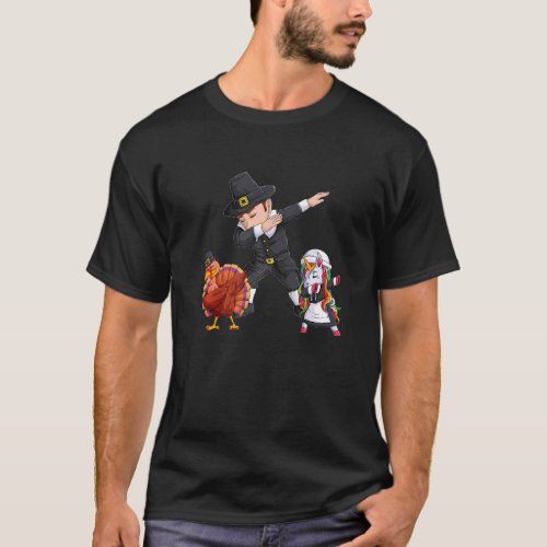 Dabbing Pilgrim Turkey unicorn Thanksgiving Day Bo T_Shirt