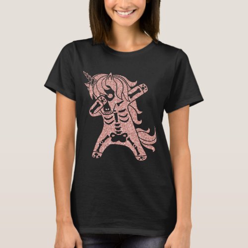 Dabbing Pink Glitter Unicorn Skeleton Halloween  T_Shirt