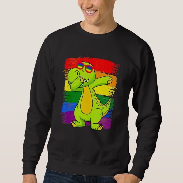 Dabbing Pridesaurus Rex Dinosaur LGBT Flag Gay Pri Sweatshirt (Front)