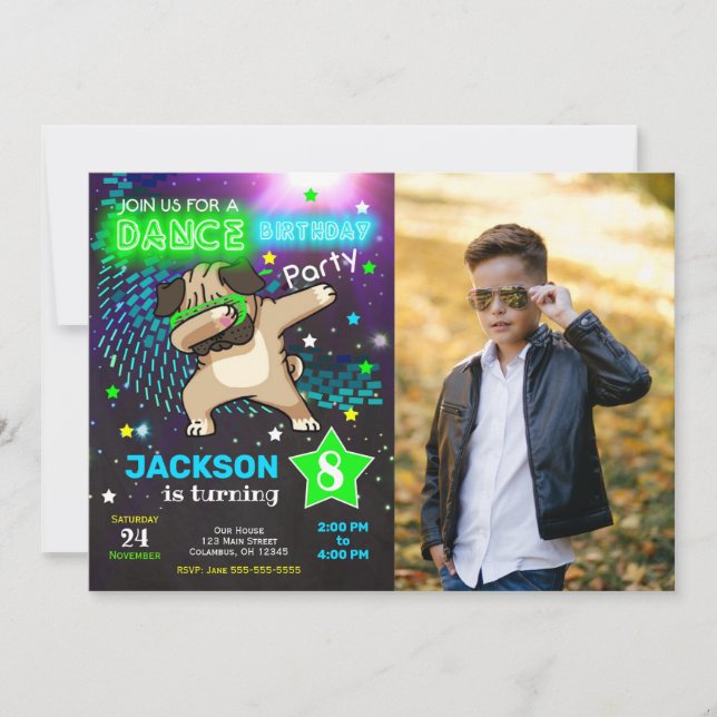 Dabbing Pug Birthday Invitation / Boy Dance Party (Front)