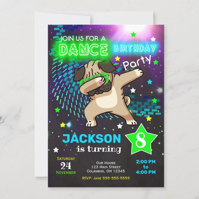 Dabbing Pug Birthday Invitation / Boy Dance Party (Front)