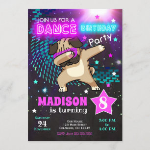Dabbing Pug Birthday Invitation / Dance Party
