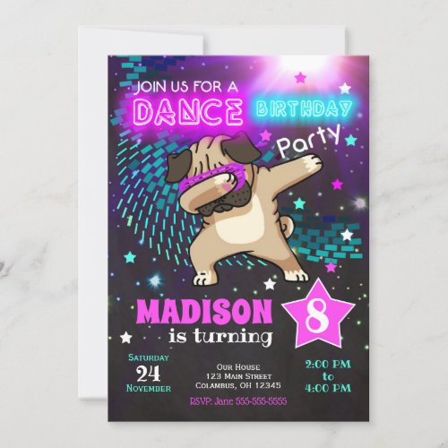 Dabbing Pug Birthday Invitation  Dance Party