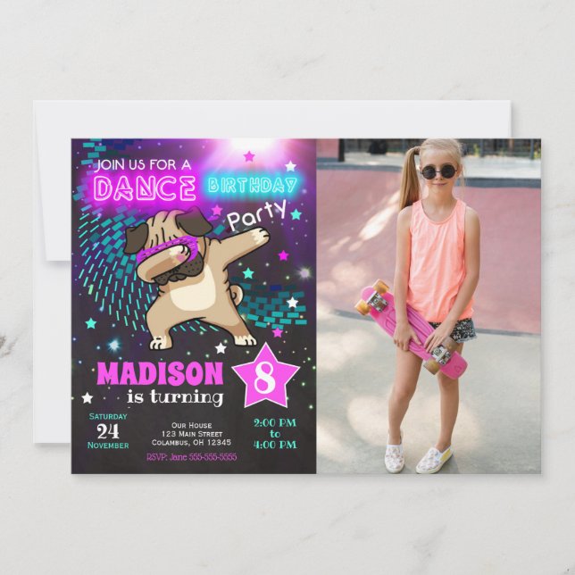 Dabbing Pug Birthday Invitation / Dance Party (Front)