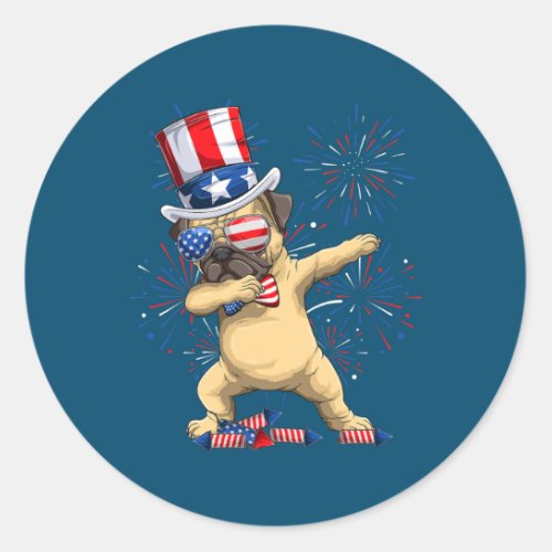 Dabbing Pug Dog Uncle Sam Hat American Flag 4th Classic Round Sticker