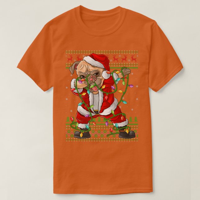 Dabbing Pug Dog Xmas Lights Funny Ugly Pug Santa C T-Shirt (Design Front)
