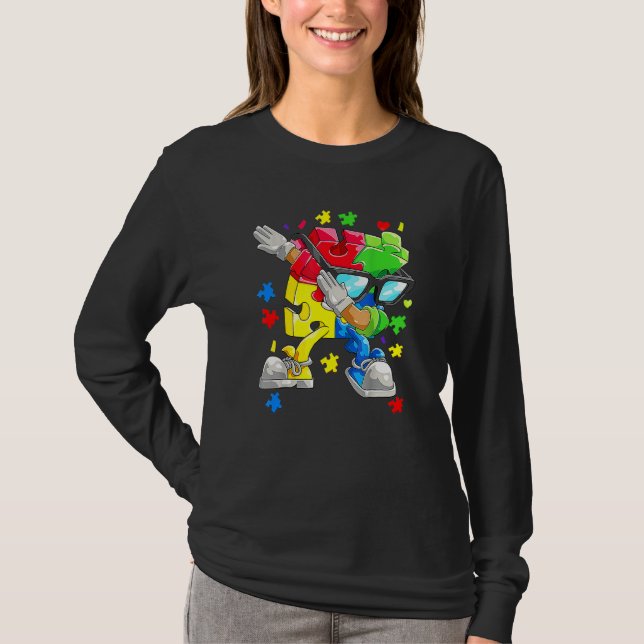 Dabbing Puzzle Piece Sunglasses Autism Awareness B T-Shirt (Front)