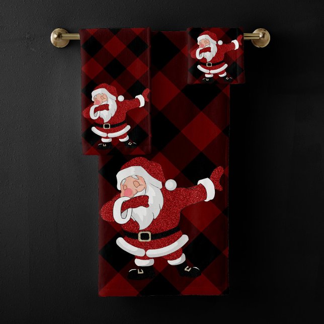 Dabbing Red Plaid Santa Claus | Fun Rustic Buffalo Bath Towel Set (Creator Uploaded)