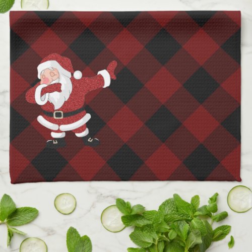 Dabbing Red Plaid Santa Claus  Fun Rustic Buffalo Kitchen Towel