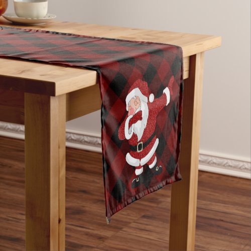 Dabbing Red Plaid Santa Claus  Fun Rustic Buffalo Short Table Runner