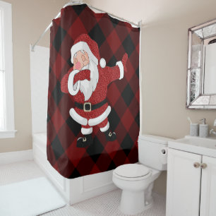 Dabbing Red Plaid Santa Claus Fun Rustic Buffalo Shower Curtain