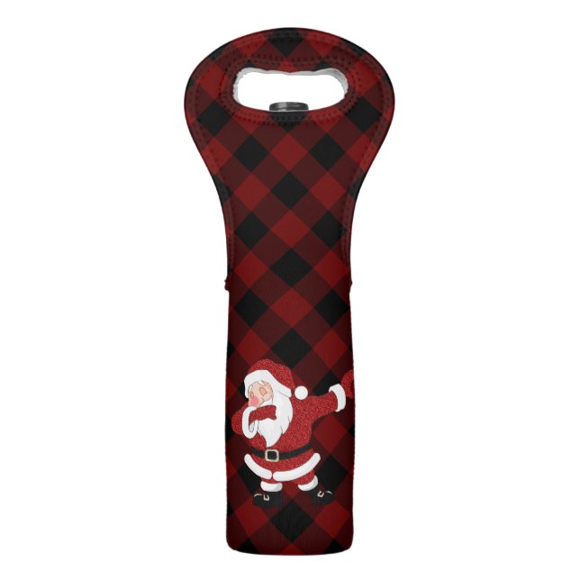 Dabbing Red Plaid Santa Claus | Fun Rustic Buffalo Wine Bag (Front)
