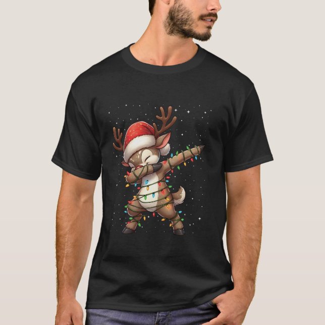 Dabbing Reindeer Christmas Lights Santa Hat Xmas S T-Shirt (Front)