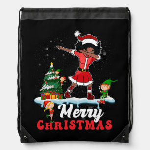 Dabbing Santa Black African American Girl Christma Drawstring Bag