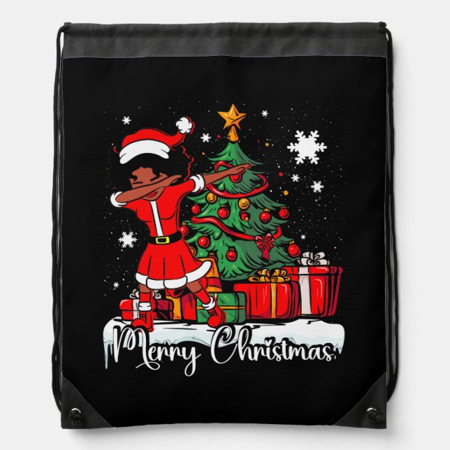 Dabbing Santa Black African American Girl Christma Drawstring Bag (Front)