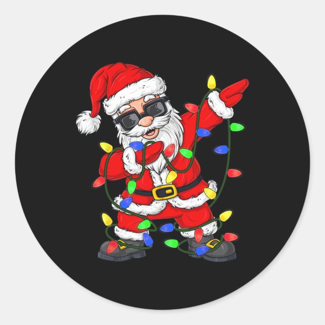 Dabbing Santa Claus Christmas Tree Lights Boys Kid Classic Round Sticker (Front)