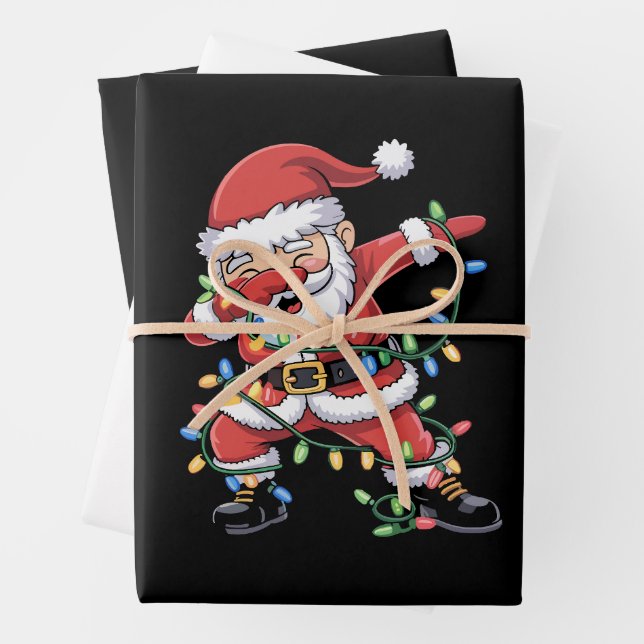 Dabbing Santa Claus Funny Christmas Lights Wrapping Paper Sheets (In situ)