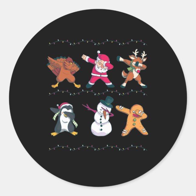 Dabbing Santa Claus Reindeer Snowman Dancing Classic Round Sticker (Front)