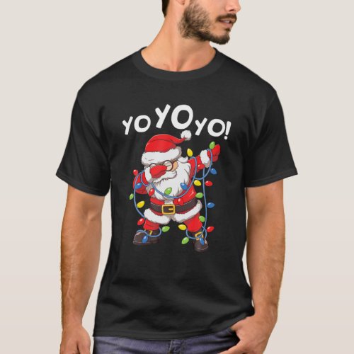 Dabbing Santa Claus Yo Yo Yo Christmas Tree Lights T_Shirt