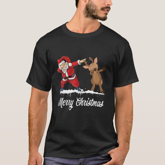 Dabbing Santa Deer Merry Christmas Funny Kids Boys T-Shirt (Front)