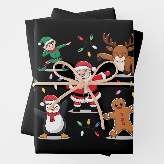 Dabbing Santa Elf Friends Christmas Xmas Dab Wrapping Paper Sheets (In situ)