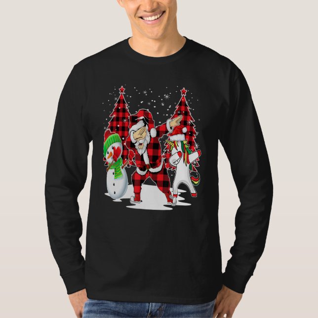 Dabbing Santa Friends Tree Buffalo Plaid Christmas T-Shirt (Front)